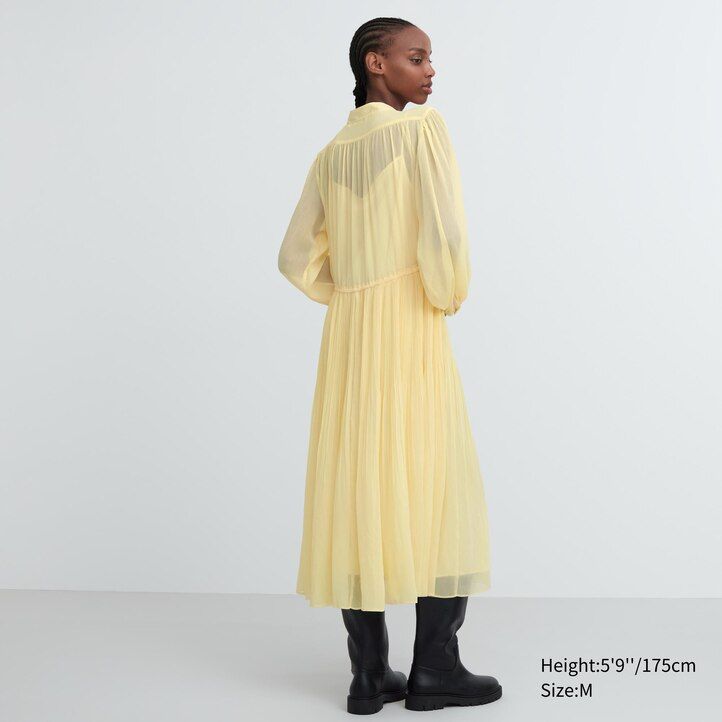 Yellow Uniqlo Chiffon Pleated Long Sleeved Dress | GQNIF-2761