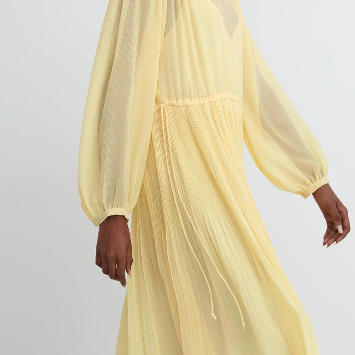 Yellow Uniqlo Chiffon Pleated Long Sleeved Dress | GQNIF-2761