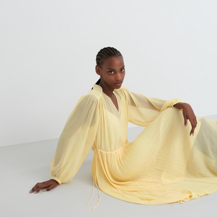 Yellow Uniqlo Chiffon Pleated Long Sleeved Dress | GQNIF-2761