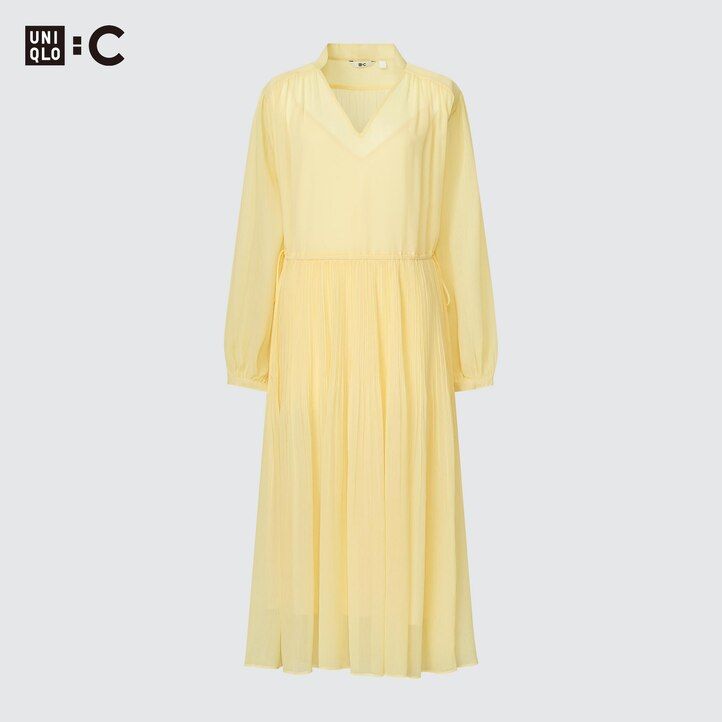 Yellow Uniqlo Chiffon Pleated Long Sleeved Dress | GQNIF-2761