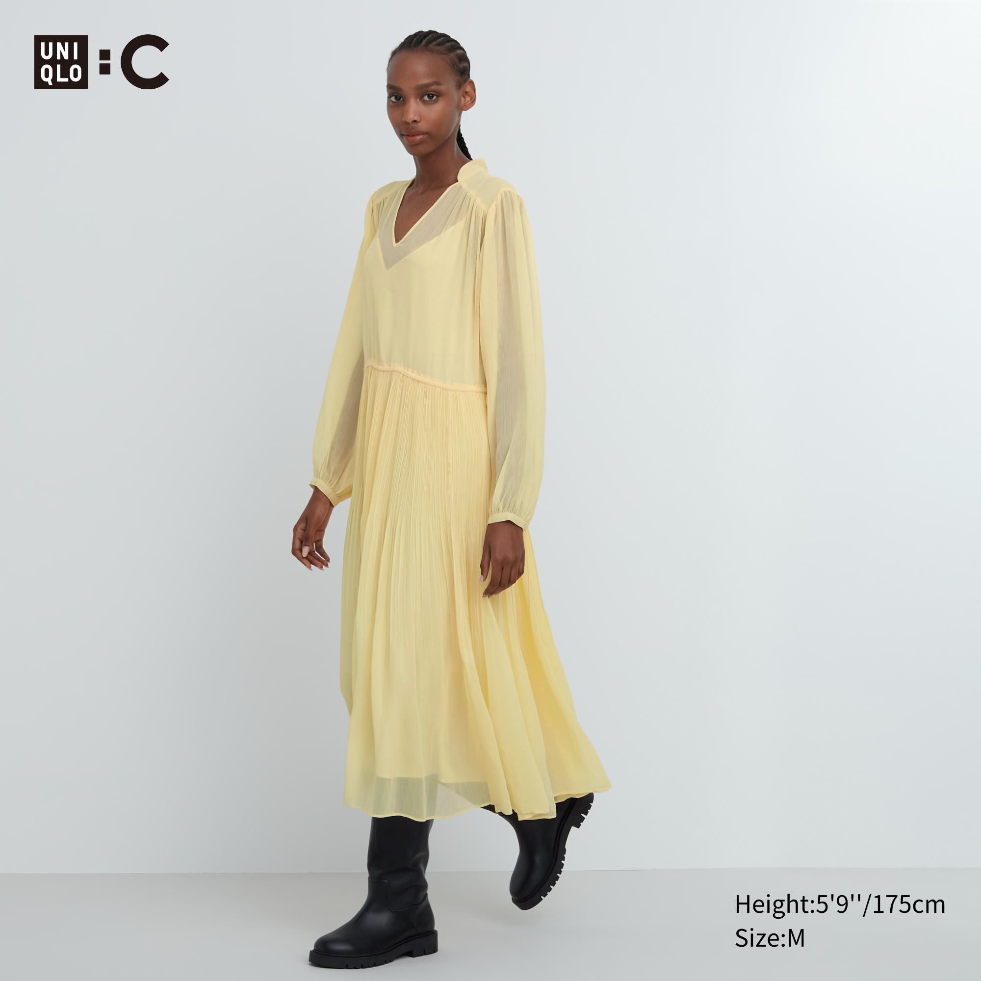 Yellow Uniqlo Chiffon Pleated Long Sleeved Dress | GQNIF-2761
